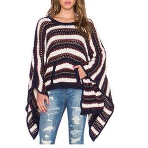 CHASER Kanga Striped Crochet Poncho Sweater Kangaroo Pocket Navy Cream Size L
